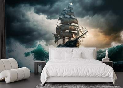 Pirate ship sailing at storm on the sea. Generative AI Wall mural