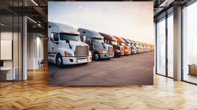 Row of semi trucks parked under evening sky Wall mural