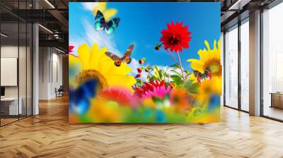 Sunny garden of flowers and butterflies. Colors of spring summer Wall mural