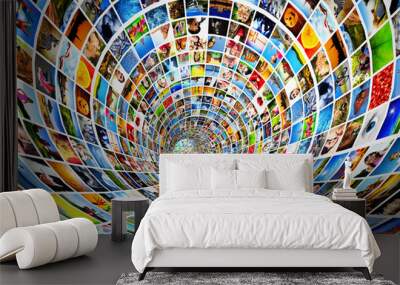 tunnel of media, images, photographs. tv, multimedia broadcast. Wall mural