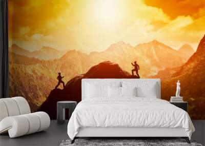 Two men running race to the top of the mountain. Competition, rivals, challenge Wall mural