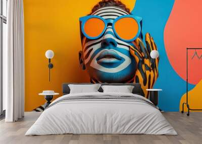 Vibrant abstract face with bold stripes and orange glasses Wall mural