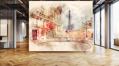 Watercolor painting of Eiffel Tower in Paris, France Wall mural