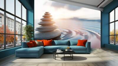 Zen stones arranged in pyramid balanced on water. Spa calm harmony Wall mural