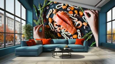 Food blogger making seafood ingredients layout. Leisure hobby art design concept Wall mural