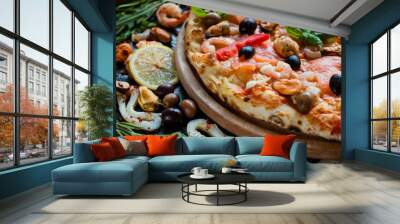 Mediterranean pizza with seafood and olives. Classical italian recipe concept Wall mural