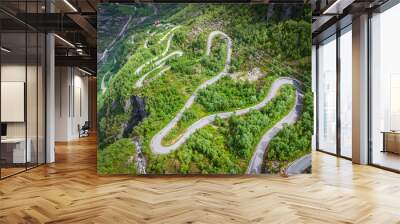 Aerial drone view of the windy road Lysevegen down to the Lysefjorden in Norway on a beautiful summer day Wall mural