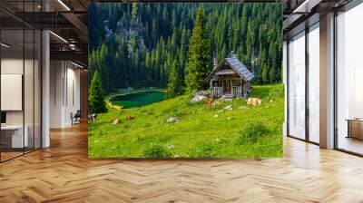 Cows grazing by wooden small mountain hut at Koca na Planini pri Jezeru in Bohinj Lake area Julian Alps, Slovenia Wall mural