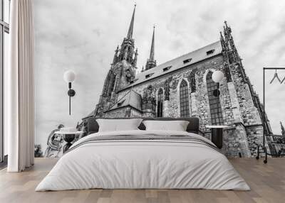 The medieval gothic cathedral of Saints Peter and Paul located on Petrov hill in Brno, Moravia, Czech Republic in black and white Wall mural