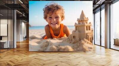 medium shot portrait photography of a pleased cute child that is wearing colorful beachwear. beach background Wall mural