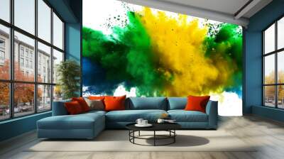 colorful brazilian flag green yellow blue color holi paint powder explosion on isolated white background. brazil rio de janeiro carnival qatar and celebration soccer fans travel tourism concept Wall mural