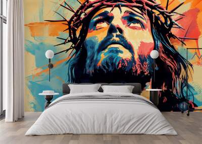 A poignant and colorful portrait of Jesus with a crown of thorns, depicted in a modern, abstract art style. Wall mural