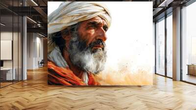 A powerful, painted portrait of a wise, aged man, evoking the biblical patriarch Abraham. Wall mural