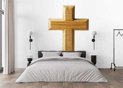 A simple, elegant wooden Christian cross isolated on a transparent background, with soft lighting emphasizing the wood's texture. Wall mural