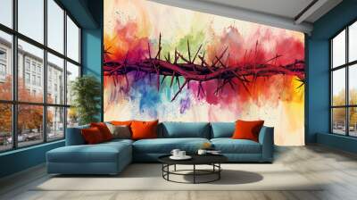 A vibrant artistic representation of a crown of thorns set against a backdrop of colorful, abstract watercolor splashes. Wall mural