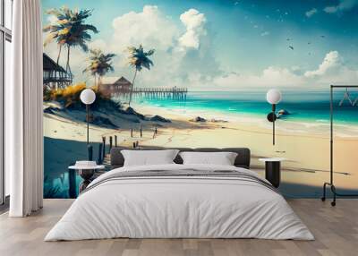 Abstract art. Colorful painting art of a beach life scene. Background illustration. Generative AI. Wall mural