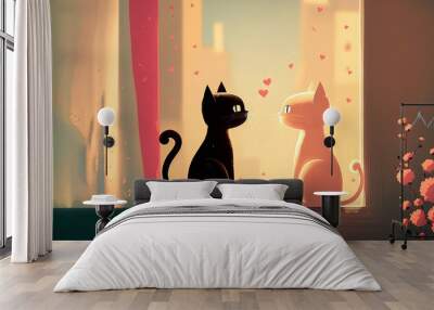 Abstract art. Colorful painting art of a cute cats couple in love. Valentine day. Background illustration. Generative AI. Wall mural