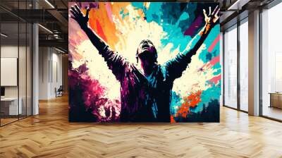 Abstract art. Colorful painting art of a man praying and worshiping. Christian worship and praise illustration. Generative AI. Wall mural