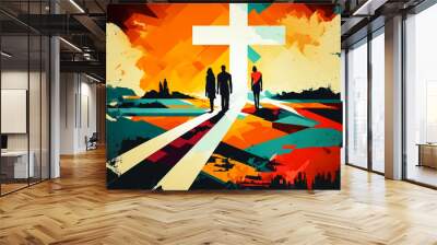 Abstract art. Colorful painting art of the cross. Jesus Christ. Christian illustration. Generative AI. Wall mural