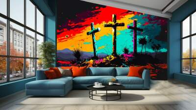 Abstract art. Colorful painting art of three crosses on a hill. Christian illustration. Generative AI. Wall mural