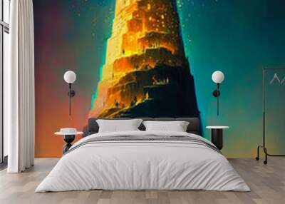 Abstract art. Colorful painting portrait art of the tower of Babel. Christian illustration. Generative AI. Wall mural