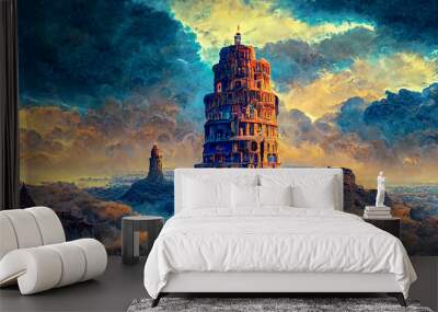 Abstract landscape. Colorful art landscape with the tower of Babel in dramatic light. Art illustration. Digital art image. Wall mural