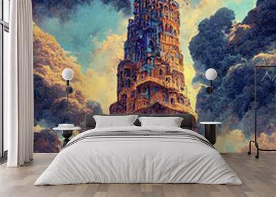 Abstract landscape. Colorful art landscape with the tower of Babel in dramatic light. Art illustration. Digital art image. Wall mural