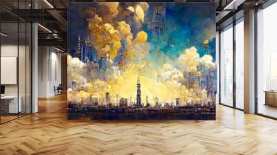 Abstract painting concept. Colorful art in golden tones with skyscrapers. Cityscape. Digital art image. Wall mural