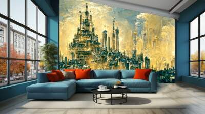 Abstract painting concept. Colorful art in golden tones with skyscrapers. Cityscape. Digital art image. Wall mural