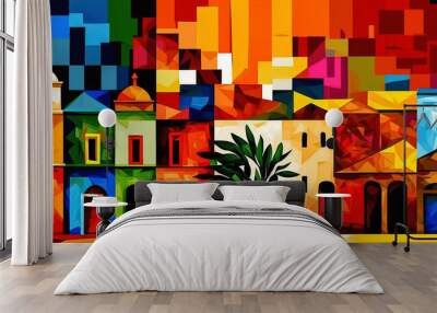 Abstract painting concept. Colorful art of a Caribbean urban landscape. Cuban culture. Generative AI. Wall mural