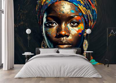 abstract painting concept. colorful art portrait of a black woman with modern turban. african cultur Wall mural