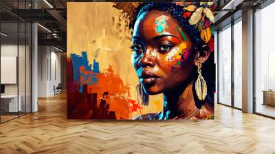 Abstract painting concept. Colorful art portrait of a tribal ethnic woman. African culture. Generative AI. Wall mural