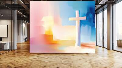 Abstract painting of a Christian cross, bathed in soft pastel colors, symbolizing faith, spirituality, and hope in a serene and modern style. Wall mural