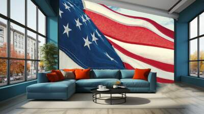 American National Holiday. US Flag with American stars, stripes and national colors. Sky background. Wall mural