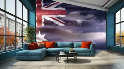 Australia National Day. Australian Flag with stripes and national colors. Background illustration. Sunset sky. Wall mural