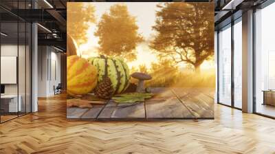 Autum landscape. Autumn harvest and Thanksgiving concept. Seasonal autumn landscape with pumpkins, mushrooms and leaves. 3D rendering. Wall mural