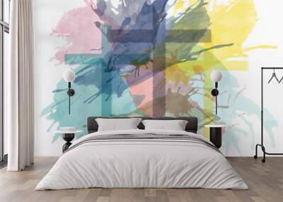 Christian worship and praise. Three crosses with watercolor splashes. Wall mural