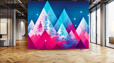 Christmas time. Abstract paint art of christmas trees in colorful glowing winter landscape. Digital art image. Wall mural