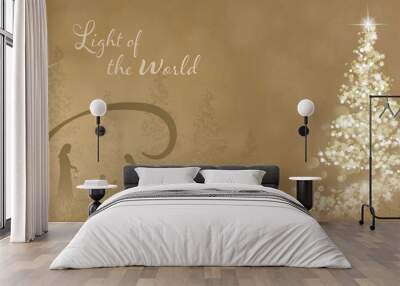 Christmas time. Christmas tree with stars and snowflakes in golden winter landscape. Text : Light of the world Wall mural