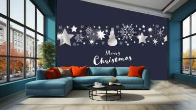 Christmas time. Dark blue and silver snowflake and star seamless border with snowman. Text : Merry Christmas  Wall mural