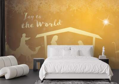 Christmas time. Nativity scene with Mary, Joseph, baby Jesus, shepherds and three kings in Christmas landscape. Wall mural