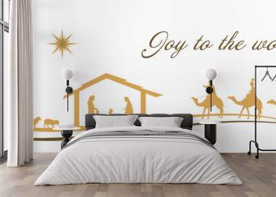 Christmas time. Nativity scene with Mary, Joseph, baby Jesus, shepherds and three kings. Wall mural