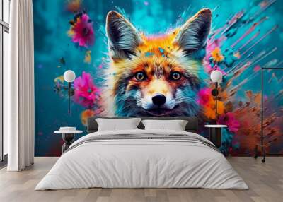 Close-up portrait of a red fox in fantasy background. Wildlife animals. Generative AI. Wall mural