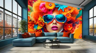 Colorful art portrait of a young fashionable woman. Summer fashion concept. Generative AI. Wall mural