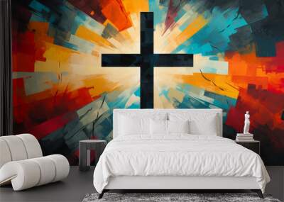 Colorful painting art of an abstract background with cross. Christian illustration. Wall mural