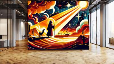 Colorful painting art portrait of Abraham standing outside on the steppes and looking up at the sky to count the stars. Wall mural