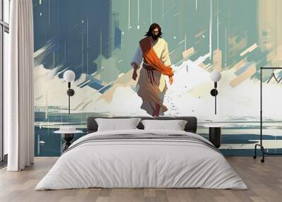 Colorful painting portrait art of Jesus walking on the water. Christian illustration. Generative AI. Wall mural