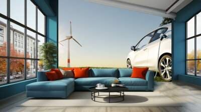 E-Mobility and ecology. Charging an electric urbain car in nature background with blue sky and wind generator. Charging battery concept. 3D rendering. Wall mural