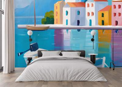 Impressionist painting of a charming coastal village in Nizza with colorful buildings, a boat in the foreground, and serene blue waters reflecting the scene. Wall mural