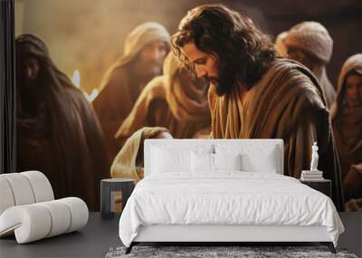 Jesus heals the daughter of Jairus, the ruler of the synagogue. New testament scene. Wall mural